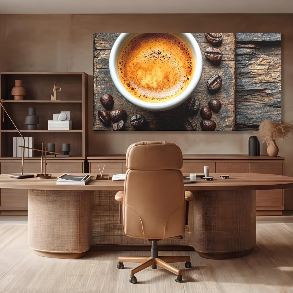 Tablou canvas cu ceasca de espresso si boabe de cafea, fara rama, pe sasiu de lemn, pe perete intr-un birou